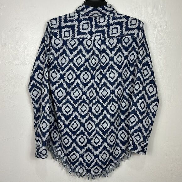 Tizzie Linen Blend Geo Print Fringe Hem Button-Up Shirt Size XS - Picture 7 of 9